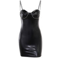 Damenbekleidung Lederimitat Bohrkette Herbst Winter Sexy Eng Anliegendes Träger-Scheidenkleid