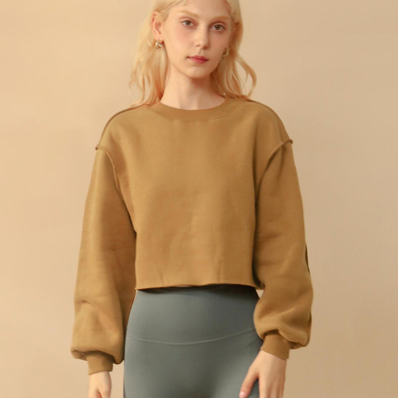 Fleecegefüttertes, langärmeliges Fitness-Yoga-Oberteil für Damen, kurzes Sport-Sweatshirt