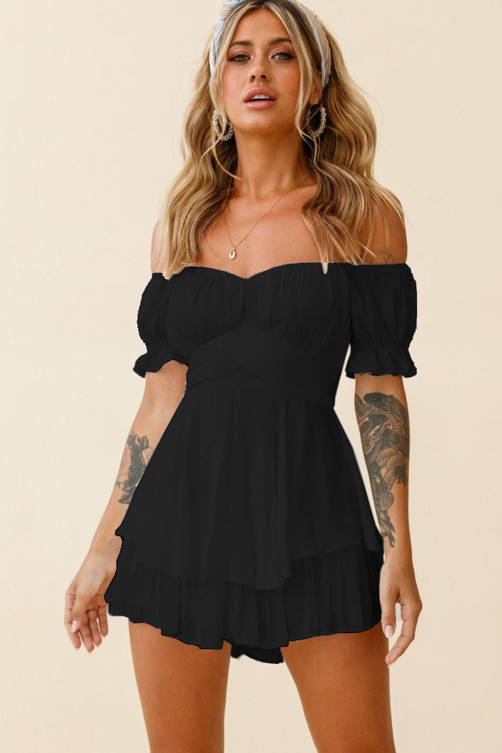 Einfarbige Mode Sexy schulterfreier Laternen-Rüschenärmel Lässiger Sommer Damen Jumpsuit Kurz