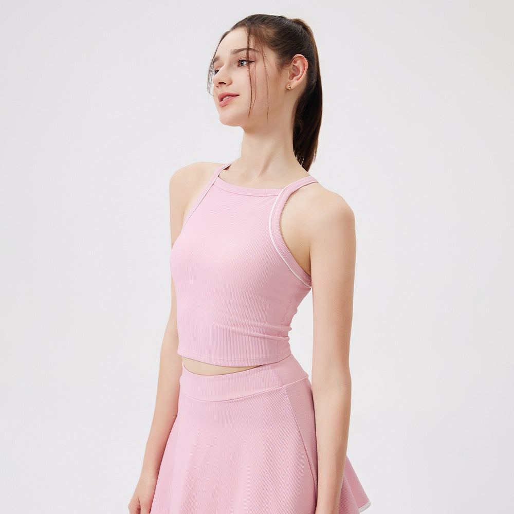 Nude Feel Yoga-Top Kontrastfarbenes Schönheits-Rückenteil Schnelltrocknender Neckholder Unterwäsche Sport Laufen Fitness Sport-BH Damen