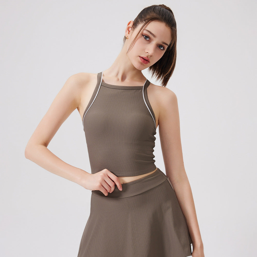 Nude Feel Yoga-Top Kontrastfarbenes Schönheits-Rückenteil Schnelltrocknender Neckholder Unterwäsche Sport Laufen Fitness Sport-BH Damen
