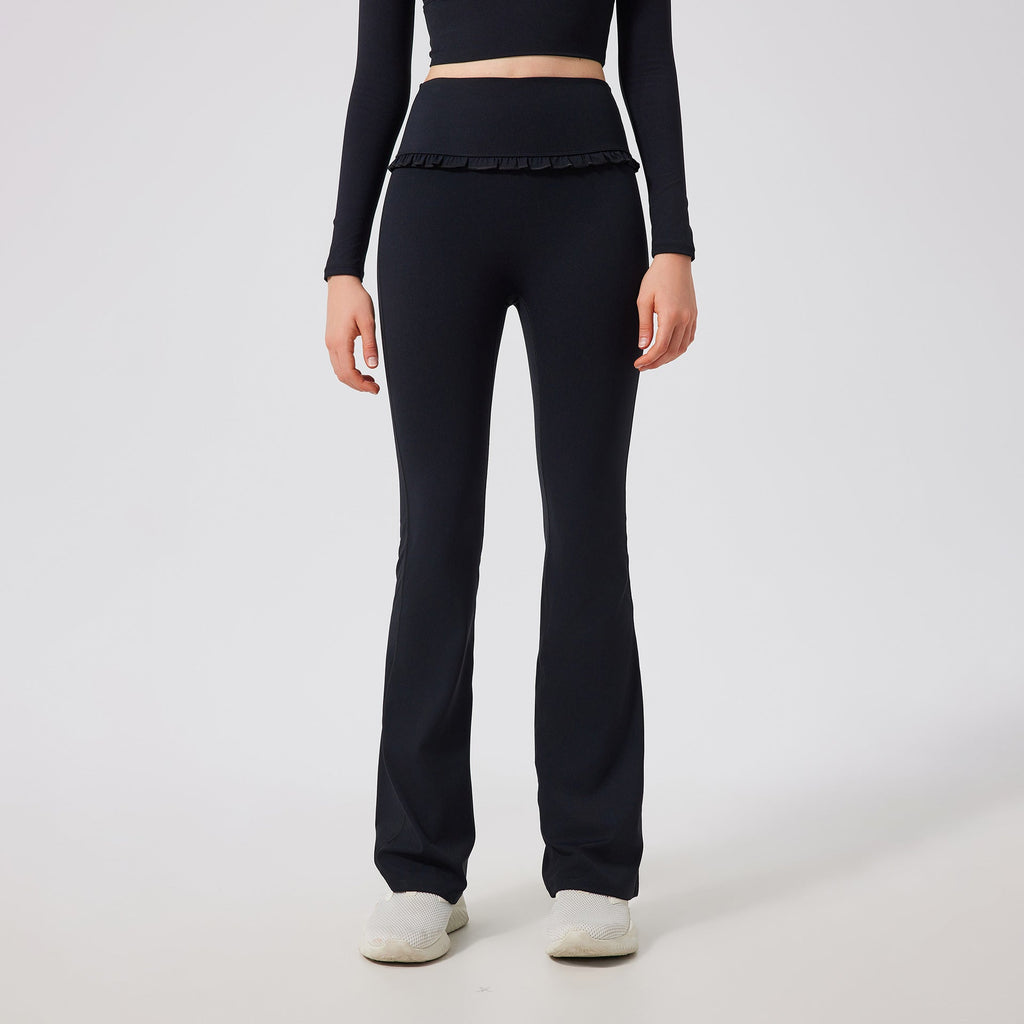 Gerüschte Skinny Yoga Leggings für Damen – High Waist, Schlankmachend, Sportlich, mit ausgestelltem Bein, schmal geschnitten, atmungsaktiv, lässig, Fitnesshose