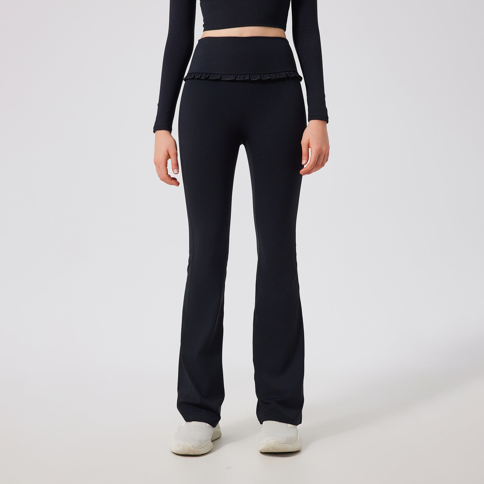 Gerüschte Skinny Yoga Leggings für Damen – High Waist, Schlankmachend, Sportlich, mit ausgestelltem Bein, schmal geschnitten, atmungsaktiv, lässig, Fitnesshose