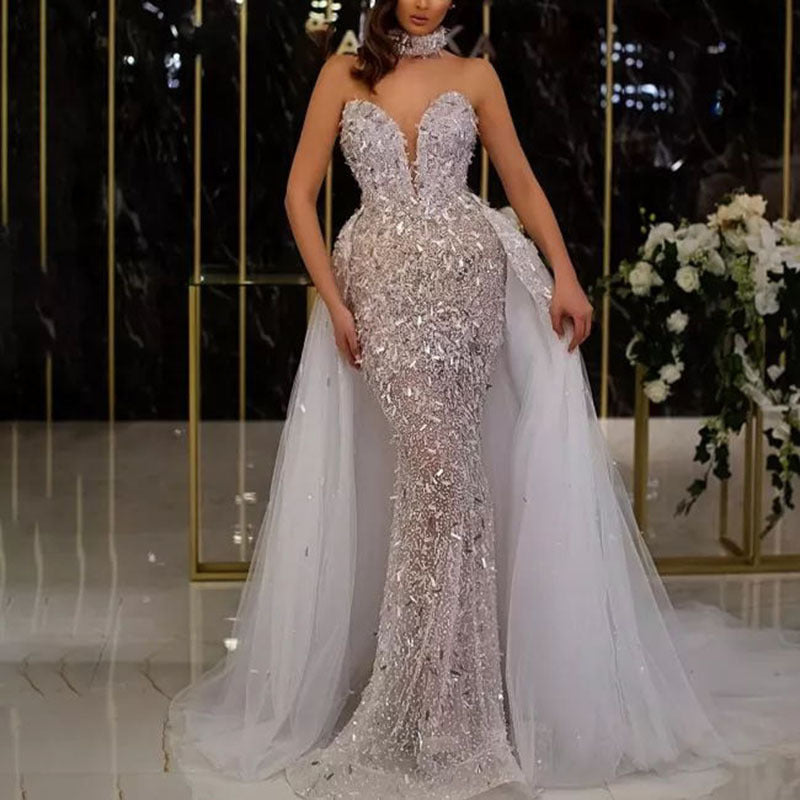 Sommer Damen Kleidung Kleid Pailletten Meerjungfrauen-Look Ärmellos Langes Mesh-Kleid