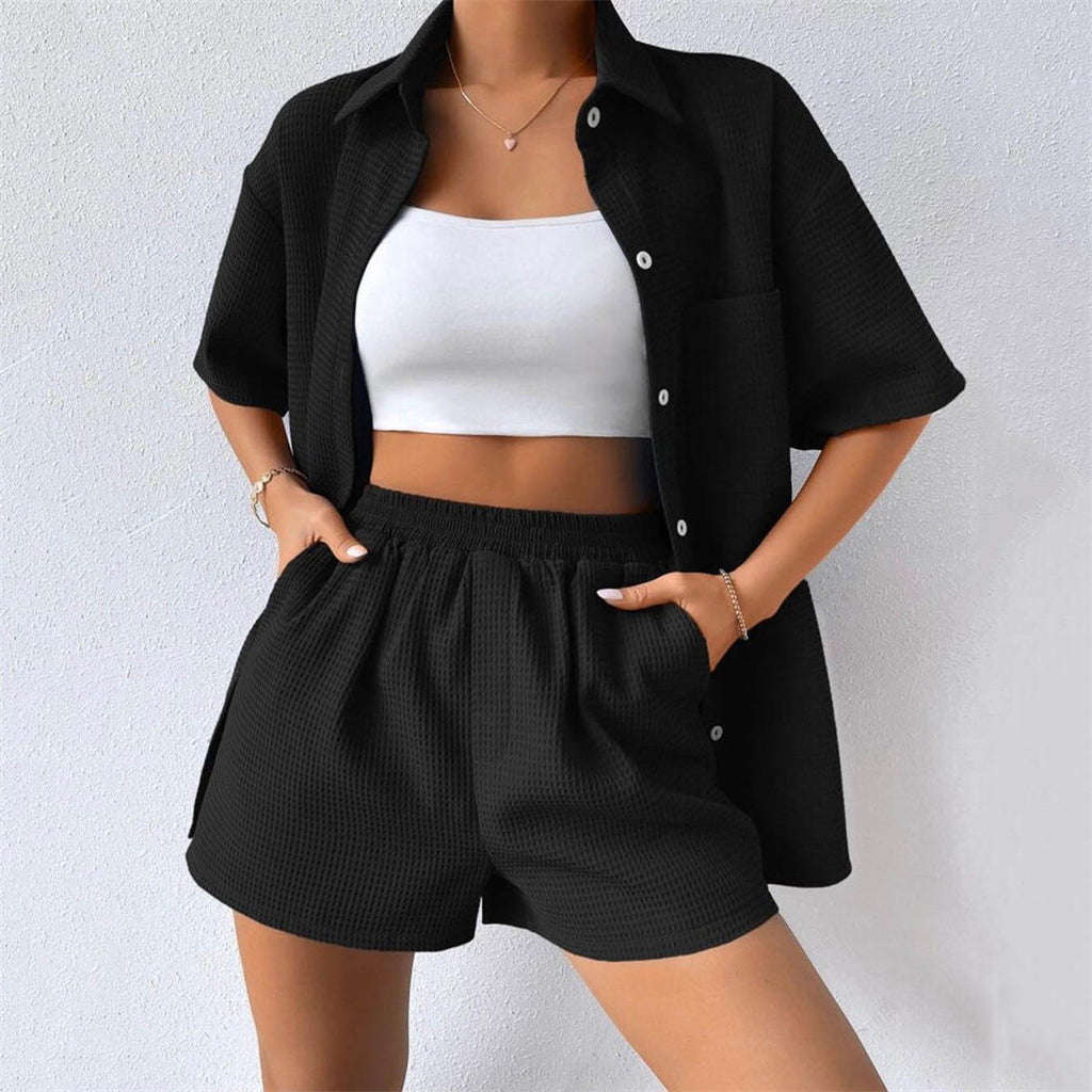 Sommer Anzug Damen Loose Casual Kurzarm Shirt Elastische Taille Shorts Zweiteiliges Set Damen
