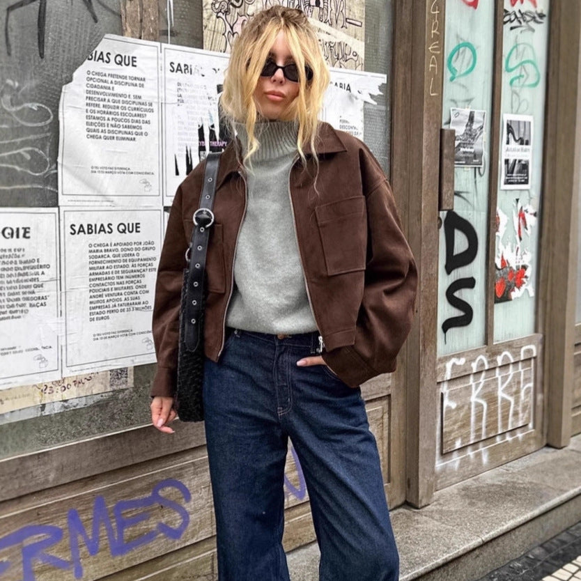 Herbst Winter Langarm Wildleder Mantel Braun Kleiner Business Anzug Reißverschluss Oberteil Jacke Damen Kleidung