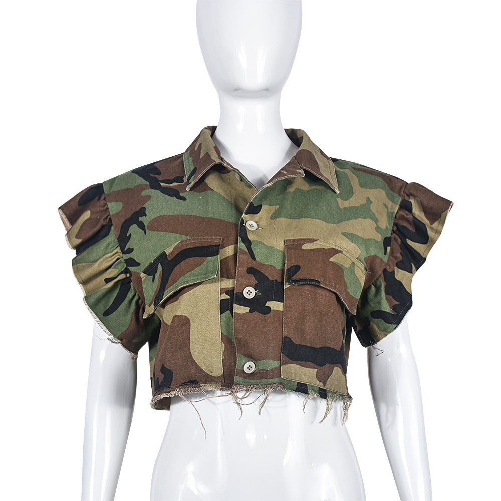 Camouflage Damen Kleidung Rüschenärmel Tasche Personalisierte Strickjacke Outdoor Kurzarm Damen Mantel