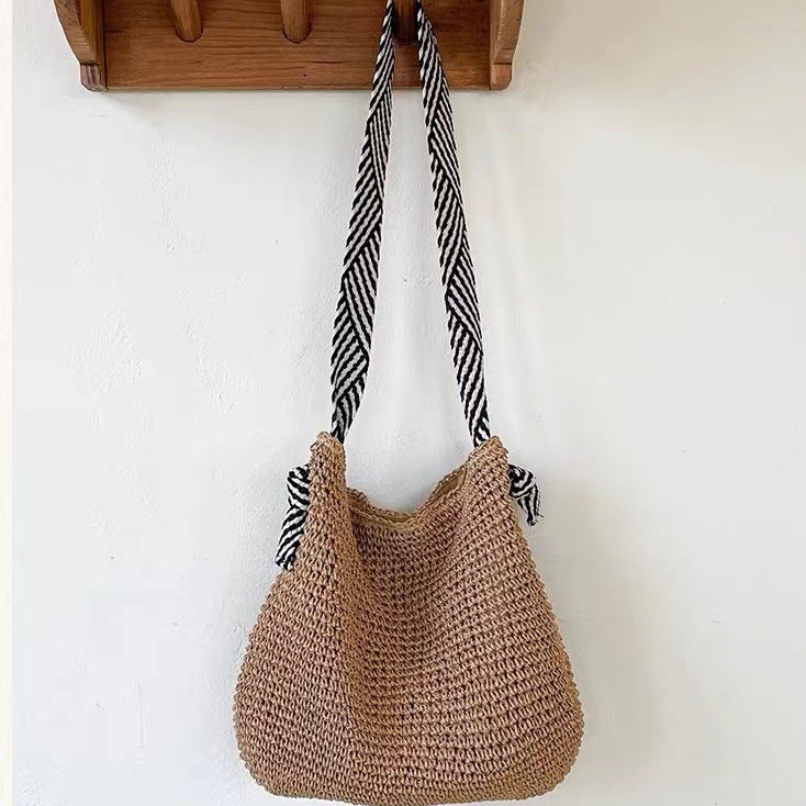 Dunkelblaue Strohtasche, handgefertigte Umhängetasche, gewebte Tasche, Damentasche, Urlaub, Strandtasche