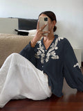 V neck Solid Color Machine Embroidery Pearl Single Breasted Lantern Long Sleeve Top