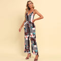 Jumpsuit Women Spring Summer Print Sexy Backless Deep V Plunge Neck Strap Lace Up Jumpsuit