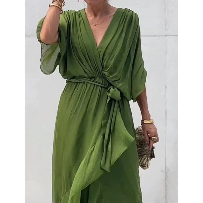 Damenkleidung, einfarbiges Maxikleid zum Binden, Fledermausärmel, unregelmäßiges asymmetrisches Kleid