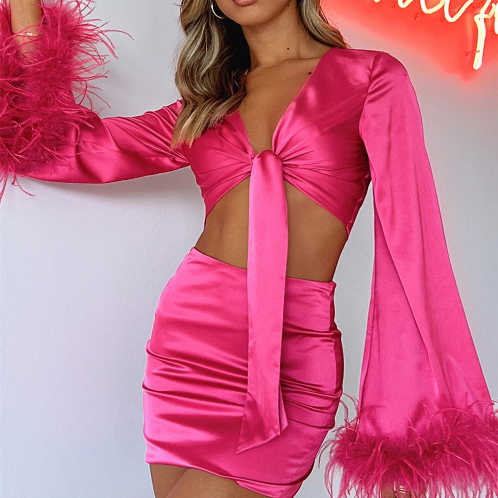 Satin-Set Feder V-Ausschnitt Patchwork Sexy Schnürung Kurzes Oberteil Hüftrock Schlitz Legere Hose