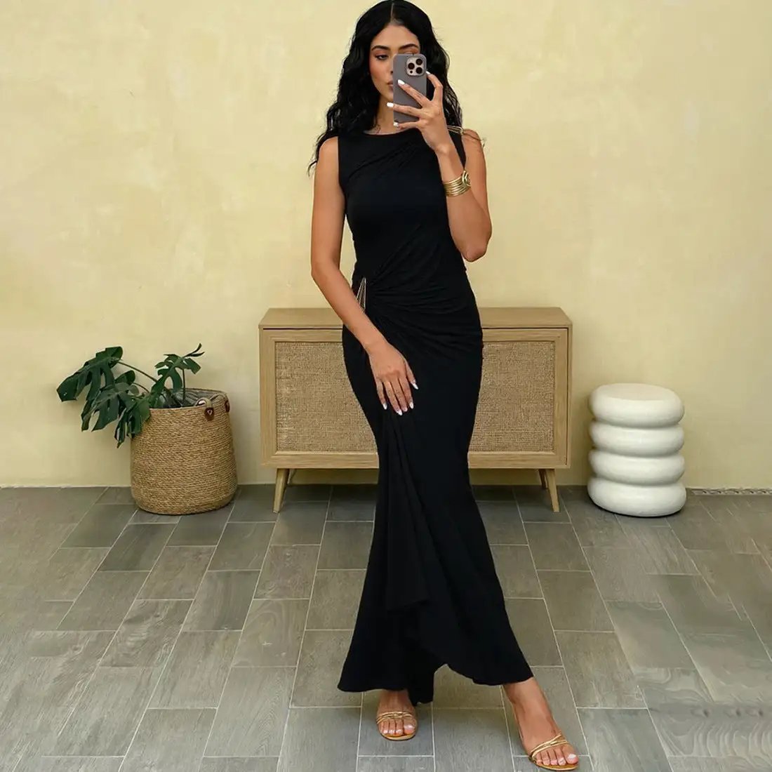 Women Clothing Summer Sexy Slim Metal Decorative Sheath Sleeveless Dress by Wanita Store