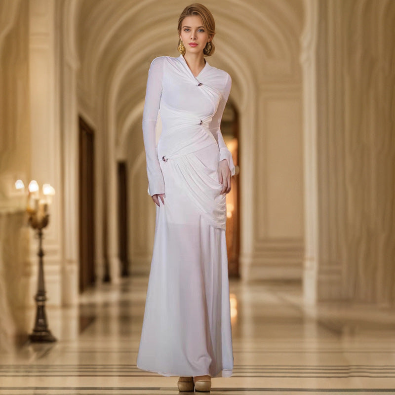 Elegantes Damen-Frühlings-Pulloverkleid mit Knitterfalten, Rundhalsausschnitt und langen Ärmeln