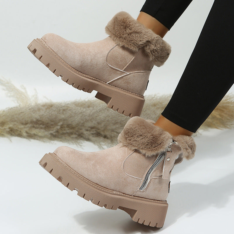 Schneestiefel Damen Trend Winter Mid Calf plus Samt Verdickung Thermische Baumwollschuhe Faux Shearling Jacke Winter Damen Stiefel