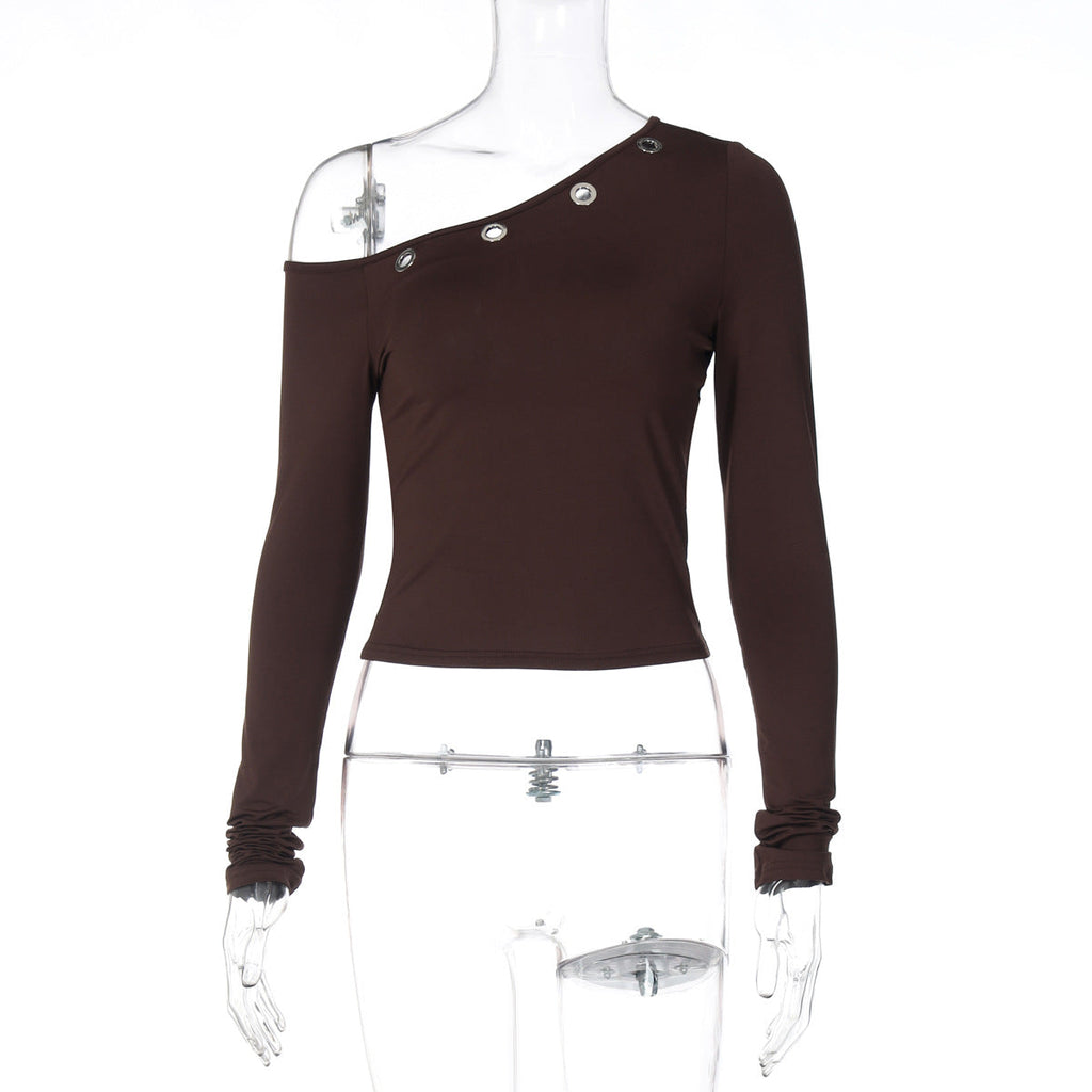 Winter One Shoulder Cold Shoulder Corns Solid Color Cropped Exposed Pullover Upper Clothes Long Sleeves T shirt