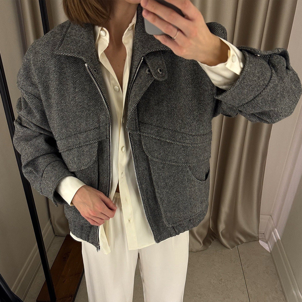 Fischgrätmuster Stehkragenjacke Herbst Winter Reißverschluss mit Tasche Oberteil Lockerer Wollmantel