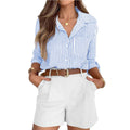 Spring Women Long Sleeved Casual Button Pocket Office Striped Shirt