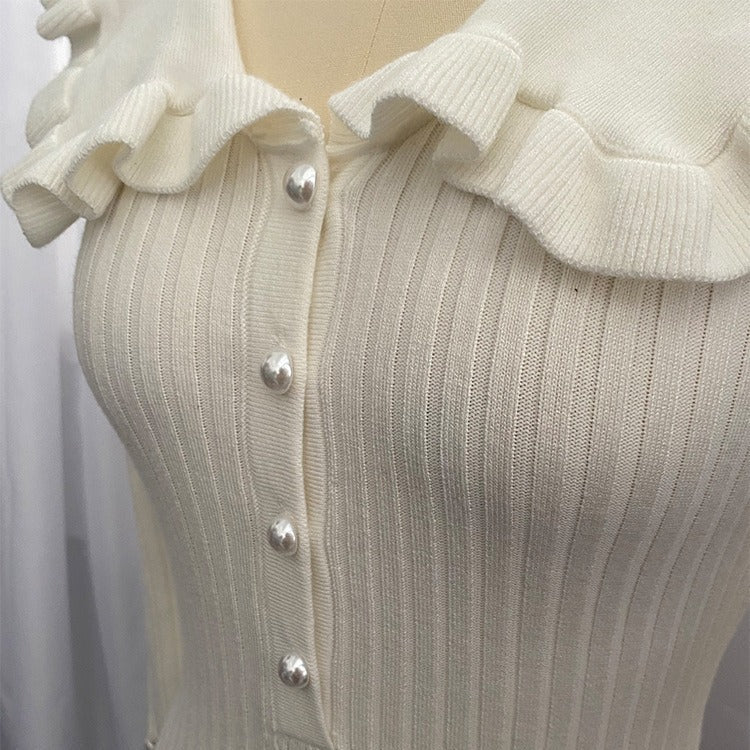 Gerüschtes Kleid, Strickkleid, Herbst-Winter-Pulloverkleid, Retro-Damenkleid, französisches Kleid
