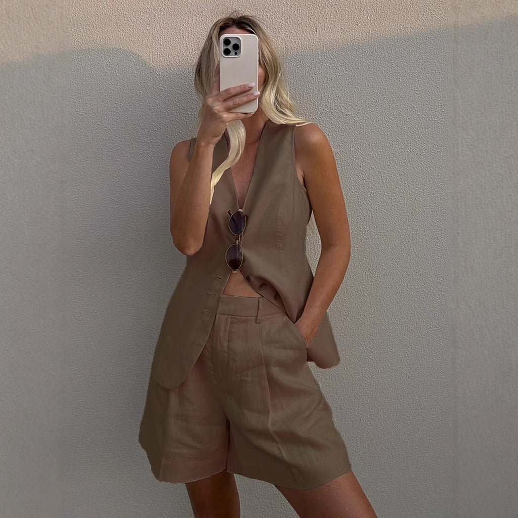 Baumwoll-Leinen-Westen-Shorts-Set Sommer Office-Westen-Shorts-Set Freizeit Damen