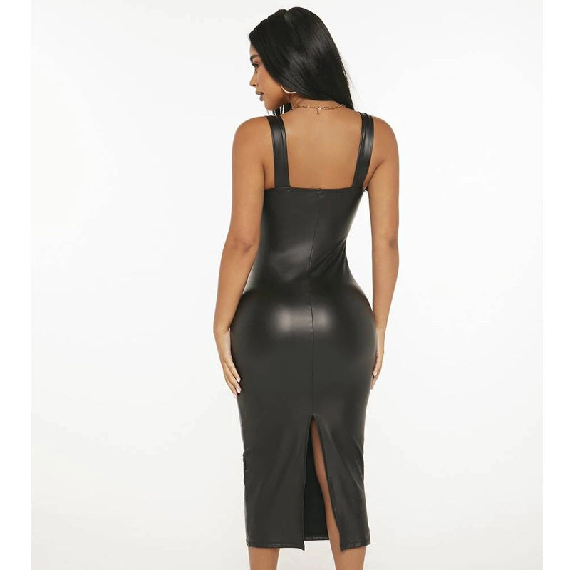 Sommer Sling Quadratischer Ausschnitt Eng anliegend an der Taille Hüftschlitz Midilanges Kunstleder-Kleid Damenkleid