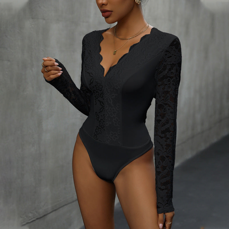 Sexy Solid Color Long Sleeve V neck Lace Jumpsuit