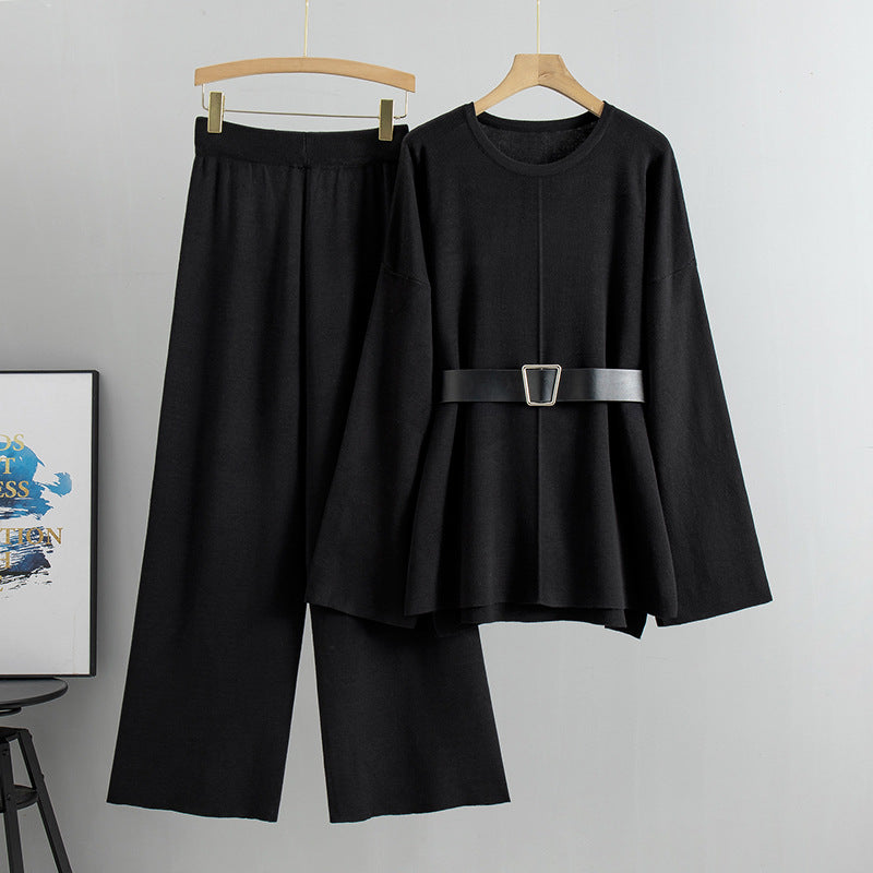 Suit Women Spring Autumn Women Clothing Socialite Elegant Knitwear Slimming Sweater Wide Leg Pants Two Piece Set