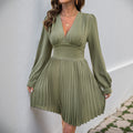 Autumn Retro V neck Long Sleeve Solid Color Pleated Women Clothing Dress