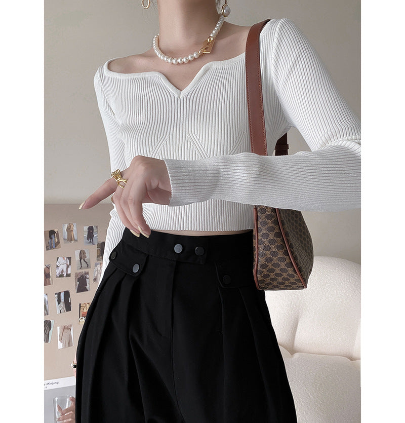 Blütenkragen kurzer Pullover für Damen Herbst Schmal geschnittener Schlüsselbein-Bottoming-Shirt