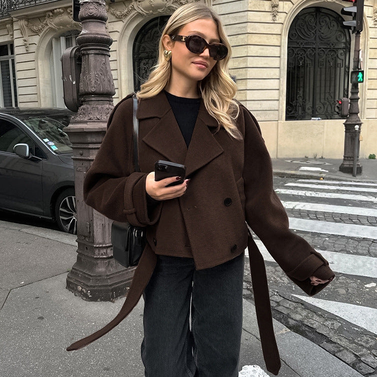 Herbst Winter Kragen Elegant Zweireihig Wollmantel Büro Mantel Damen