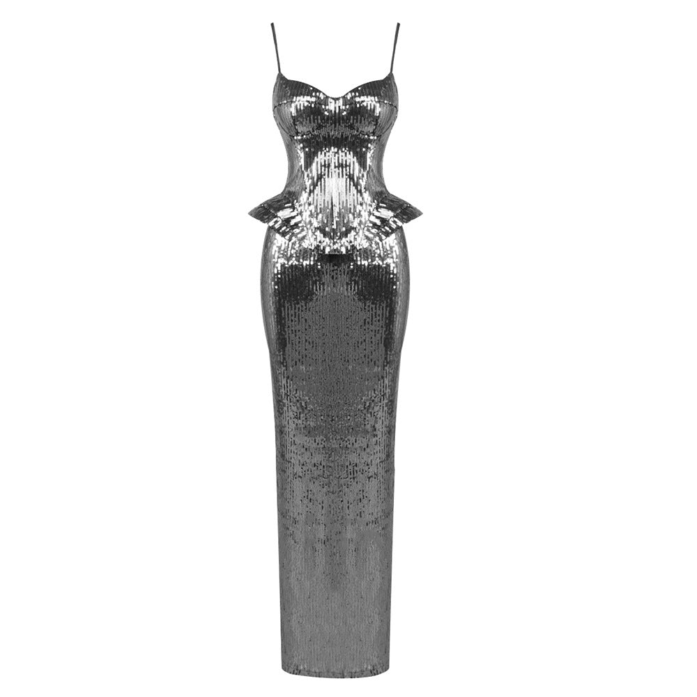 Women Sleeveless Sequin Sling Dress Women Backless Lace up Sexy Sheath Skirt Sets