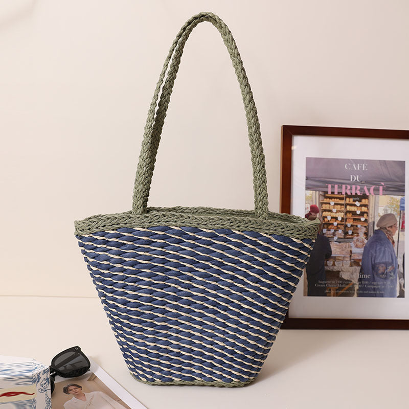 Besondere Design-Kontrastfarbe Eine-Schulter-Strohtasche Einfache Twill-gewebte Tragetasche Damen Strandurlaub Strandtasche