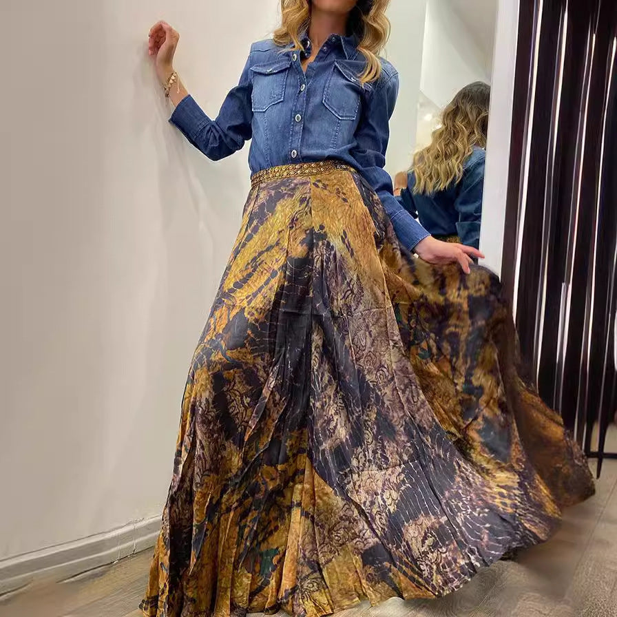 Damen Retro Maxirock mit Print und Gummibund für den Herbst