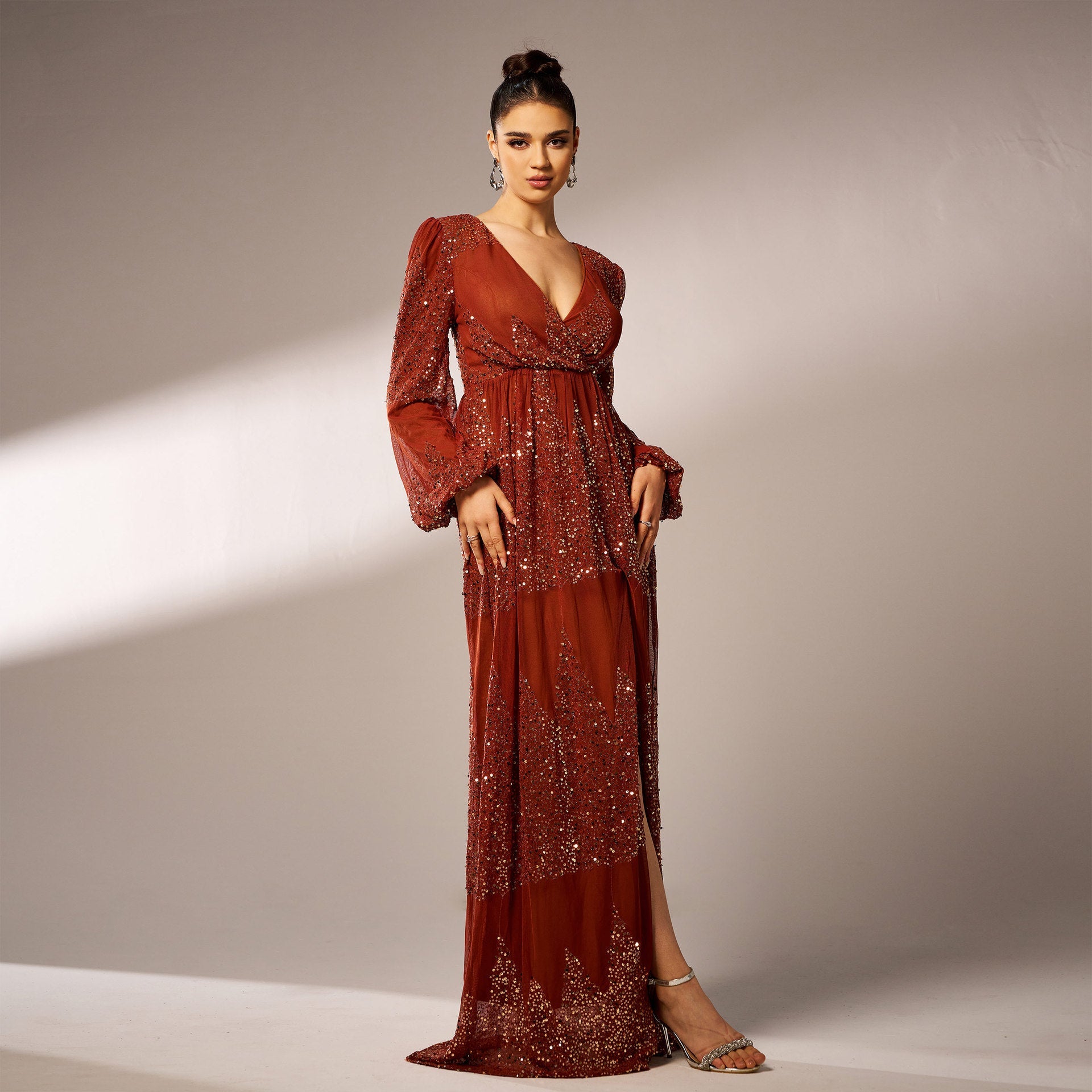 High-End Langarm Elegantes V-Ausschnitt Sexy Langes Pailletten Cocktail Abendkleid Brautjungfernkleid Kleid Damen