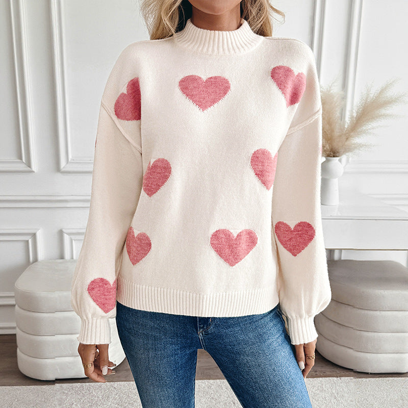 Herbst Winter Inner Love Jacquard Locker sitzend Halbhoher Kragen Langarm Pullover Damenbekleidung