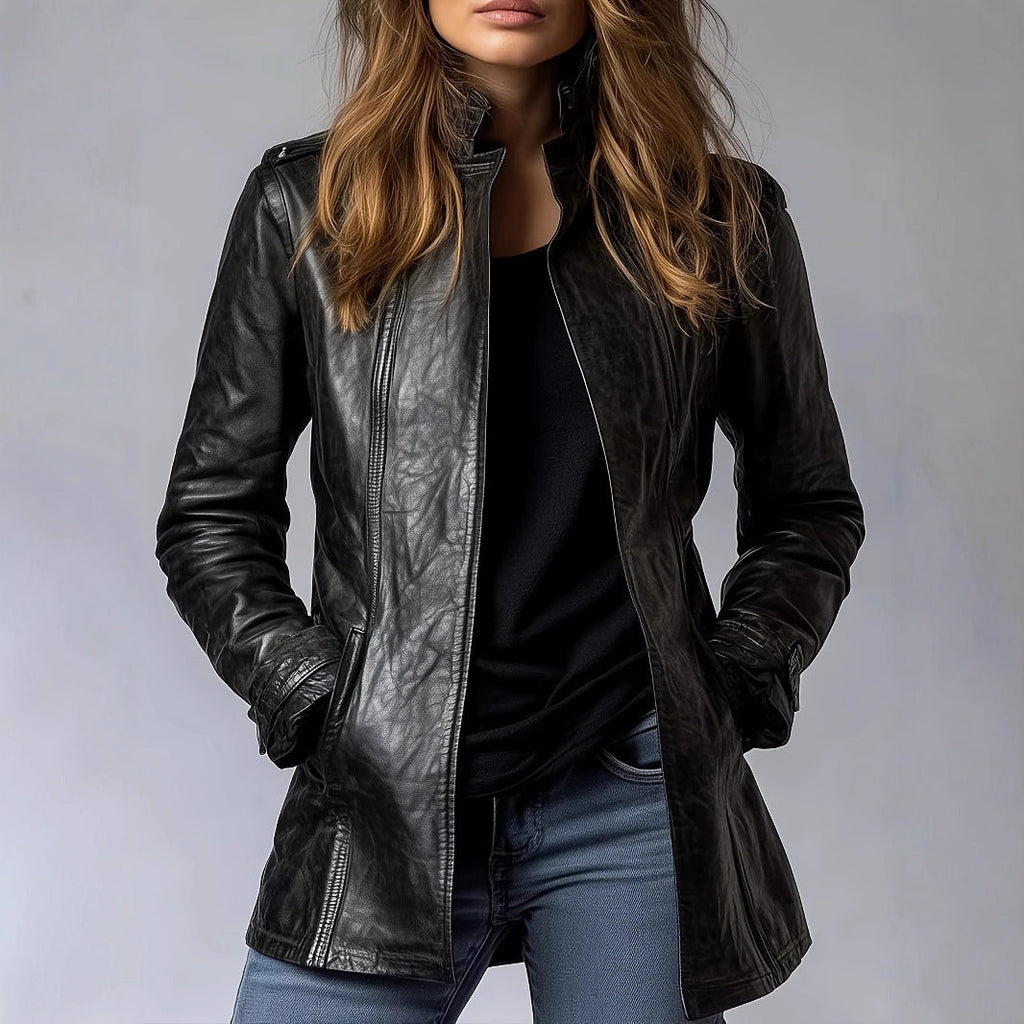 Damen Leder Stehkragen Langarm Distressed Trendige Gothic Kunstlederjacke
