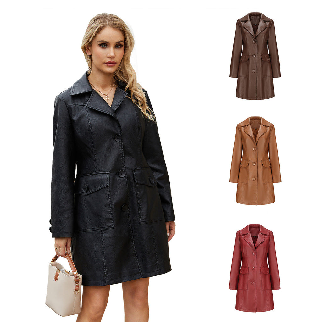 Langer Ledermantel Frühling Herbst Langarm Leder-Trenchcoat Britischer Mantel Damen mit Kragen Einreiher