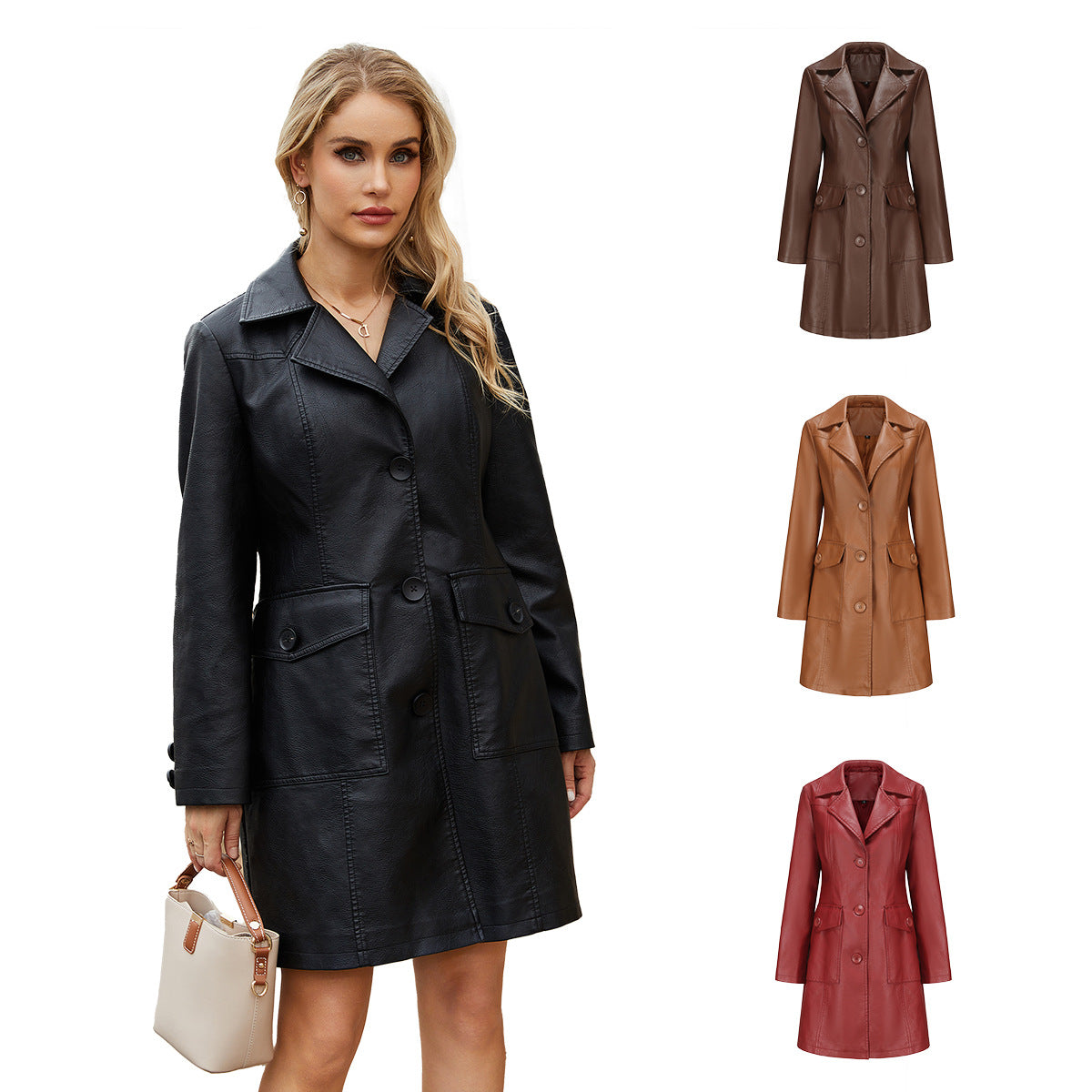 Langer Ledermantel Frühling Herbst Langarm Leder-Trenchcoat Britischer Mantel Damen mit Kragen Einreiher