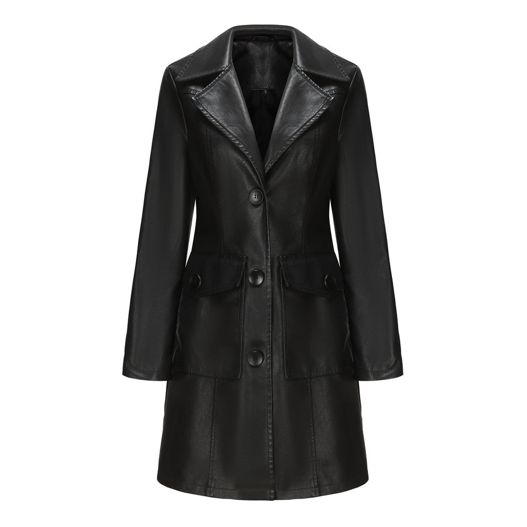 Langer Ledermantel Frühling Herbst Langarm Leder-Trenchcoat Britischer Mantel Damen mit Kragen Einreiher