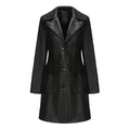 Langer Ledermantel Frühling Herbst Langarm Leder-Trenchcoat Britischer Mantel Damen mit Kragen Einreiher