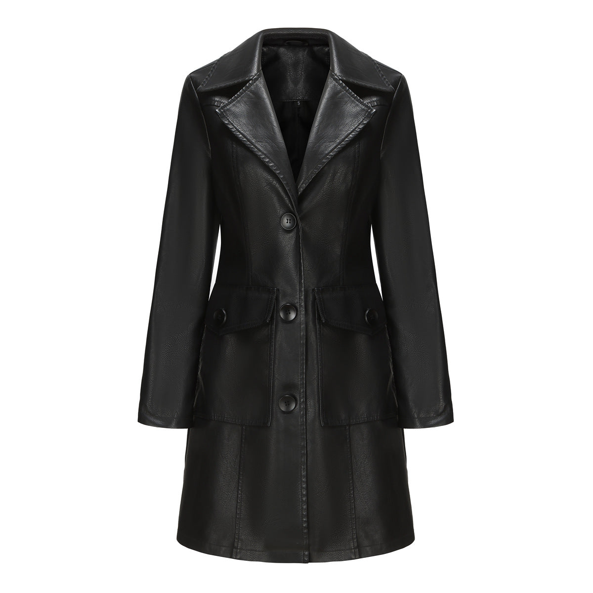 Langer Ledermantel Frühling Herbst Langarm Leder-Trenchcoat Britischer Mantel Damen mit Kragen Einreiher