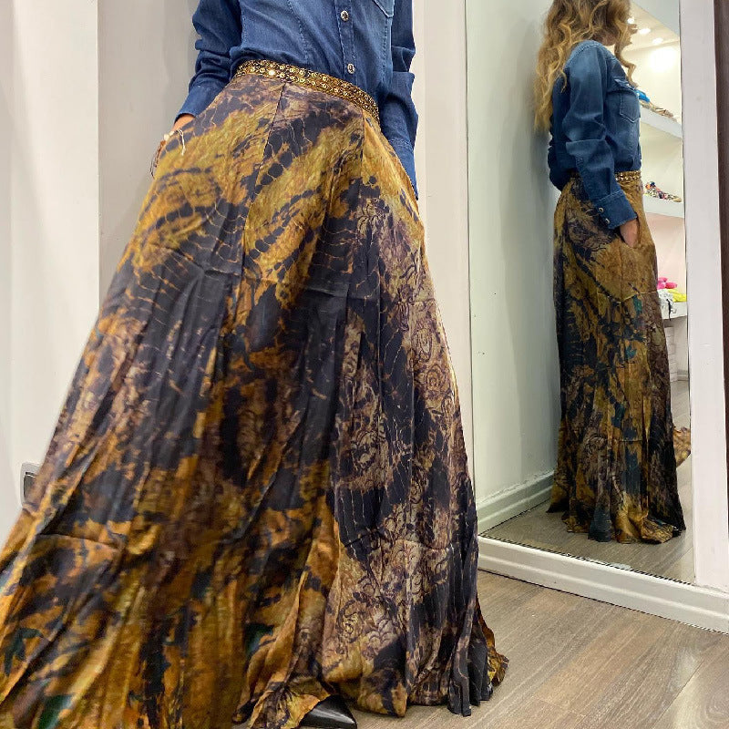 Damen Retro Maxirock mit Print und Gummibund für den Herbst