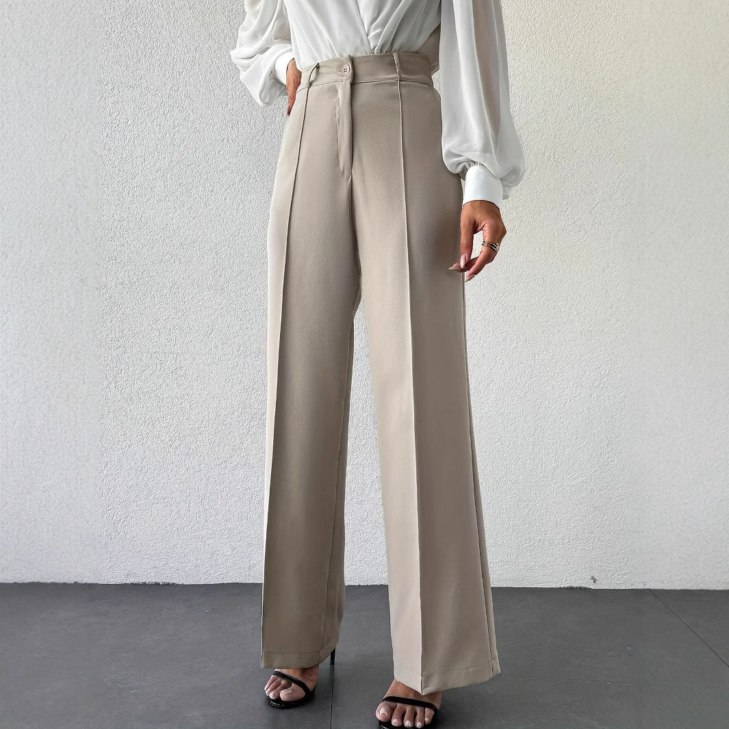 High Waist Slimming Straight Casual Trousers Side Pocket French Office Business Trousers