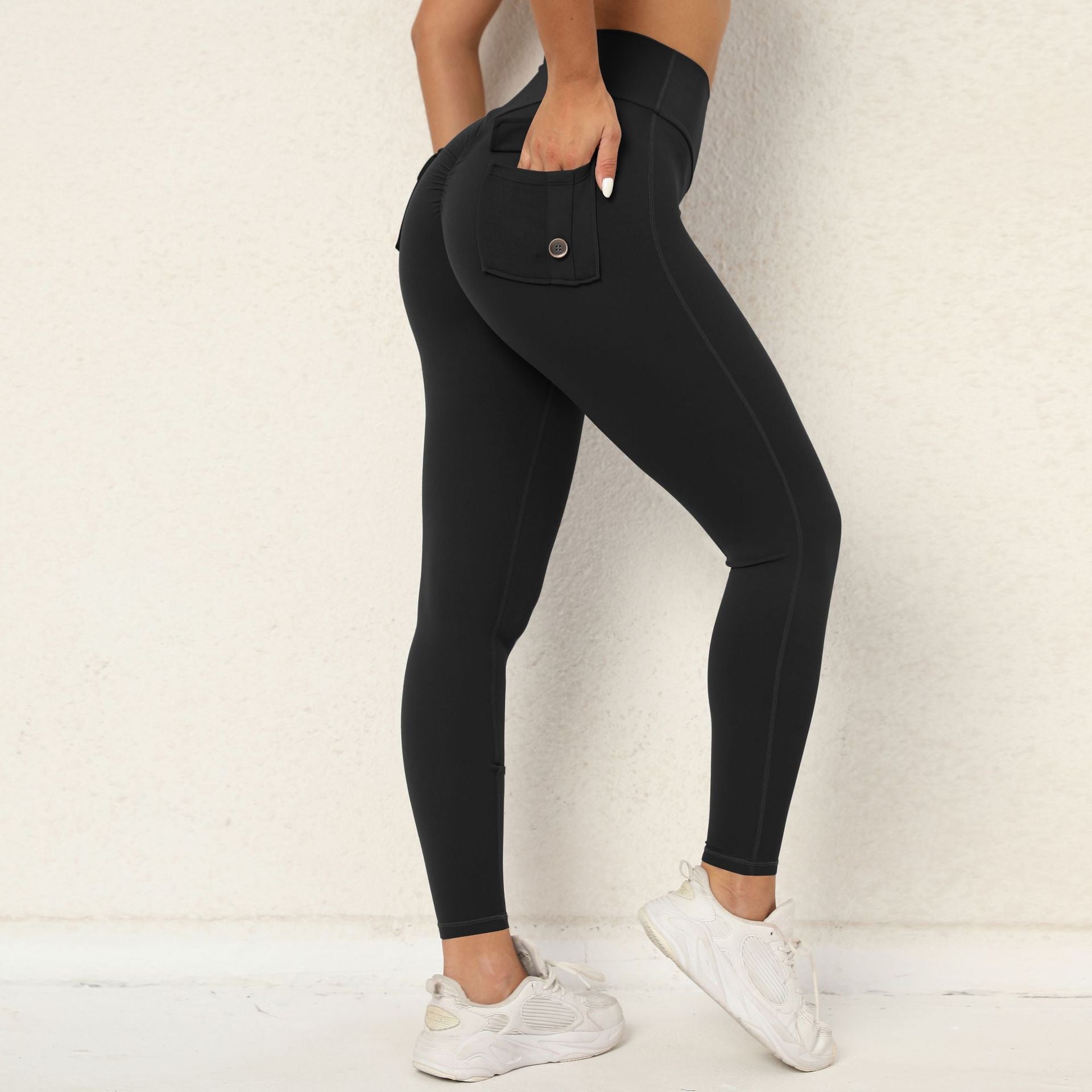 Pfirsich Po Arbeitskleidung Enge Tasche Yoga Hosen Damen Hohe Taille Stretch Po Lift Knopf Schnell Trocknende Lauf Fitness Hosen Damen