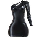 Metallic beschichteter Stoff Damenbekleidung Herbst Winter Kunstleder Diagonaler Kragen Ein Schulter Sexys Slim Hüftkleid Damenkleid Damen