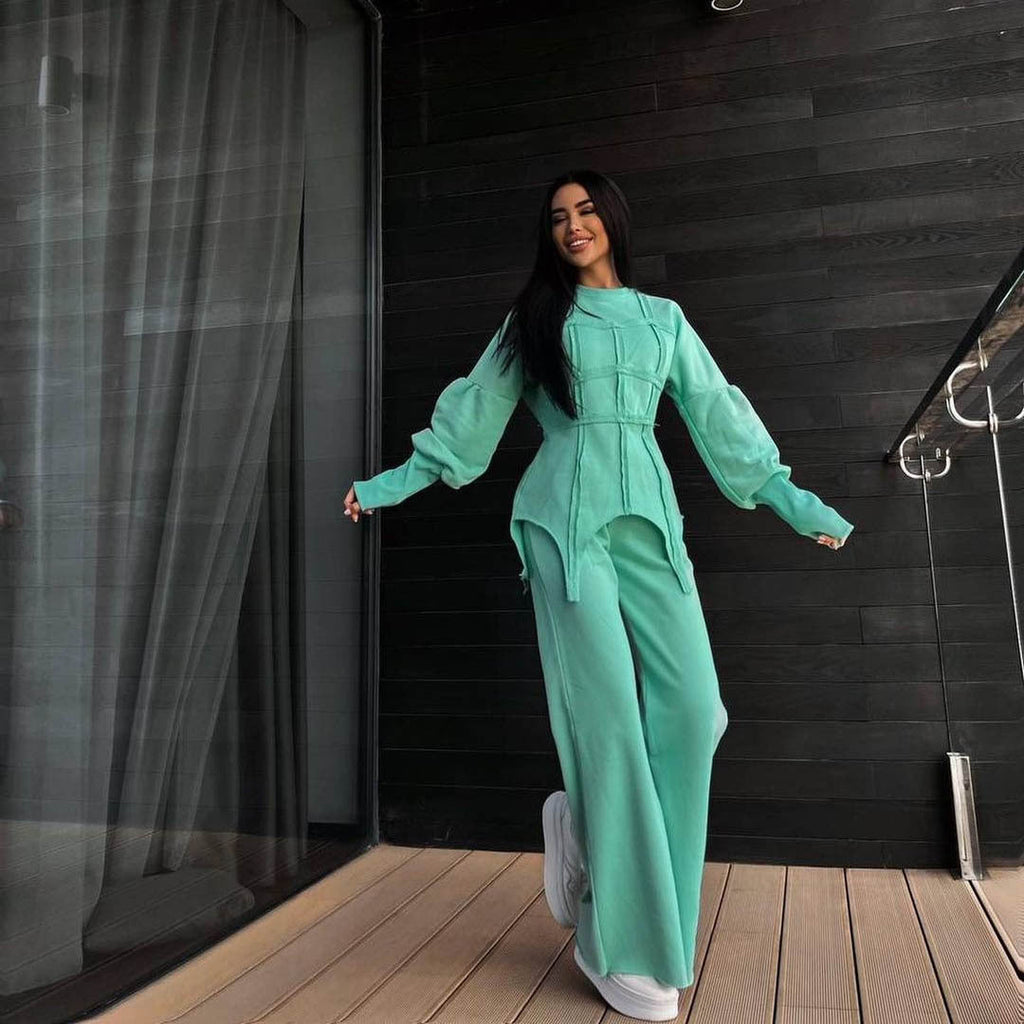 Einfarbige Kapuzenpullover-Sets Rundhals-Pullover-Oberteil Geteilte gerade Hose Lässige zweiteilige Sets