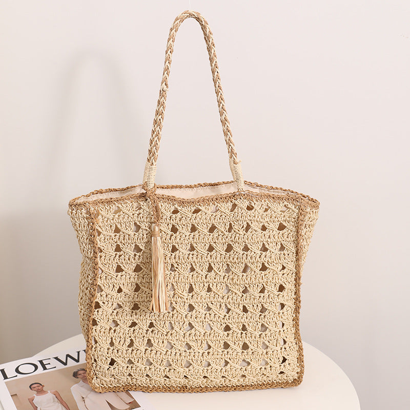 Quadratische Quaste Schulter Strohtasche Frisch Ausgeschnittene Handgemachte Strohtasche Gewebte Tasche Damen Urlaub Meer Strandtasche
