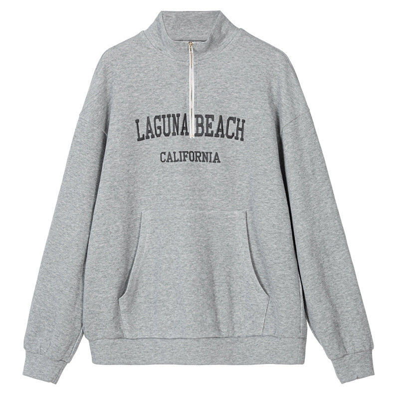 Lässiger Damen-Frühlings-Pullover mit Buchstaben-Stickerei und Reißverschluss, locker geschnitten