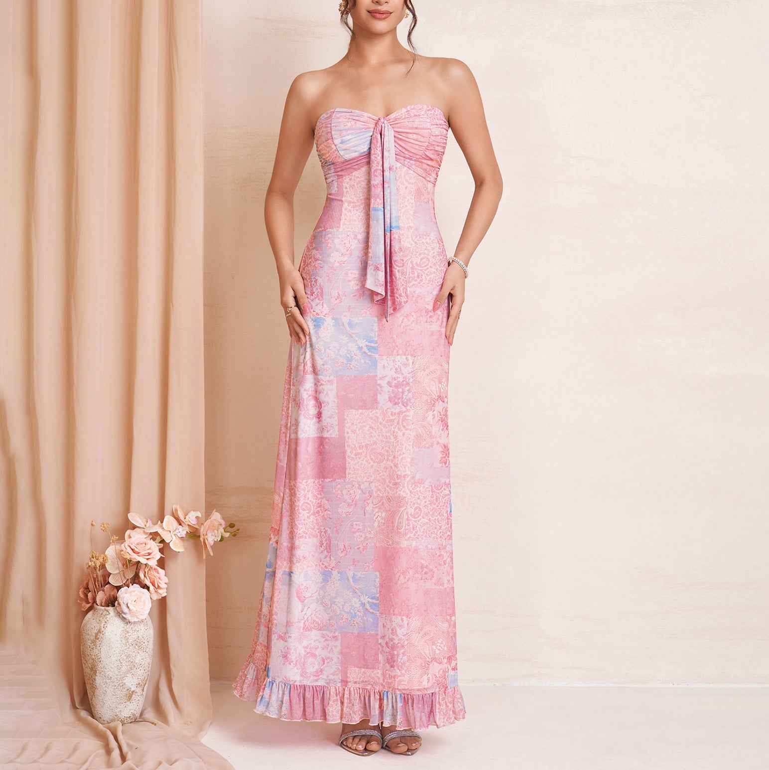Summer Mesh Printed Dress Sexy Graceful Tube Top Lace up Backless Wooden Ear Decorative Dress
