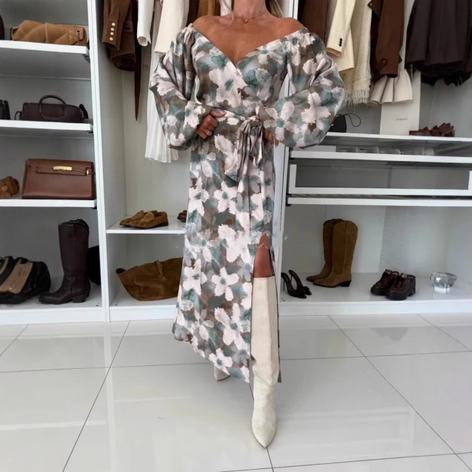Damen Langarmkleid mit Prints, Taillenkontrolle und Saumschlitz für Herbst/Winter